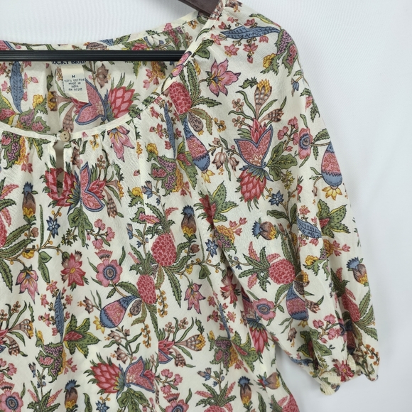 Lucky Brand India Cotton Boho Floral Peasant Blouse Keyhole Cottagecore Medium - Picture 4 of 14